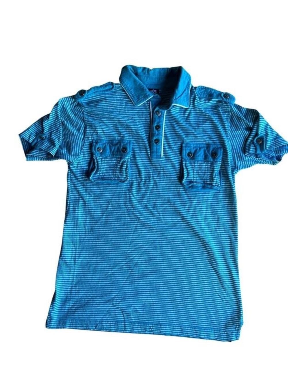 Vintage 80s Blue Striped Men's Polo Shirt With Epaulettes & 2 Pockets Size XL